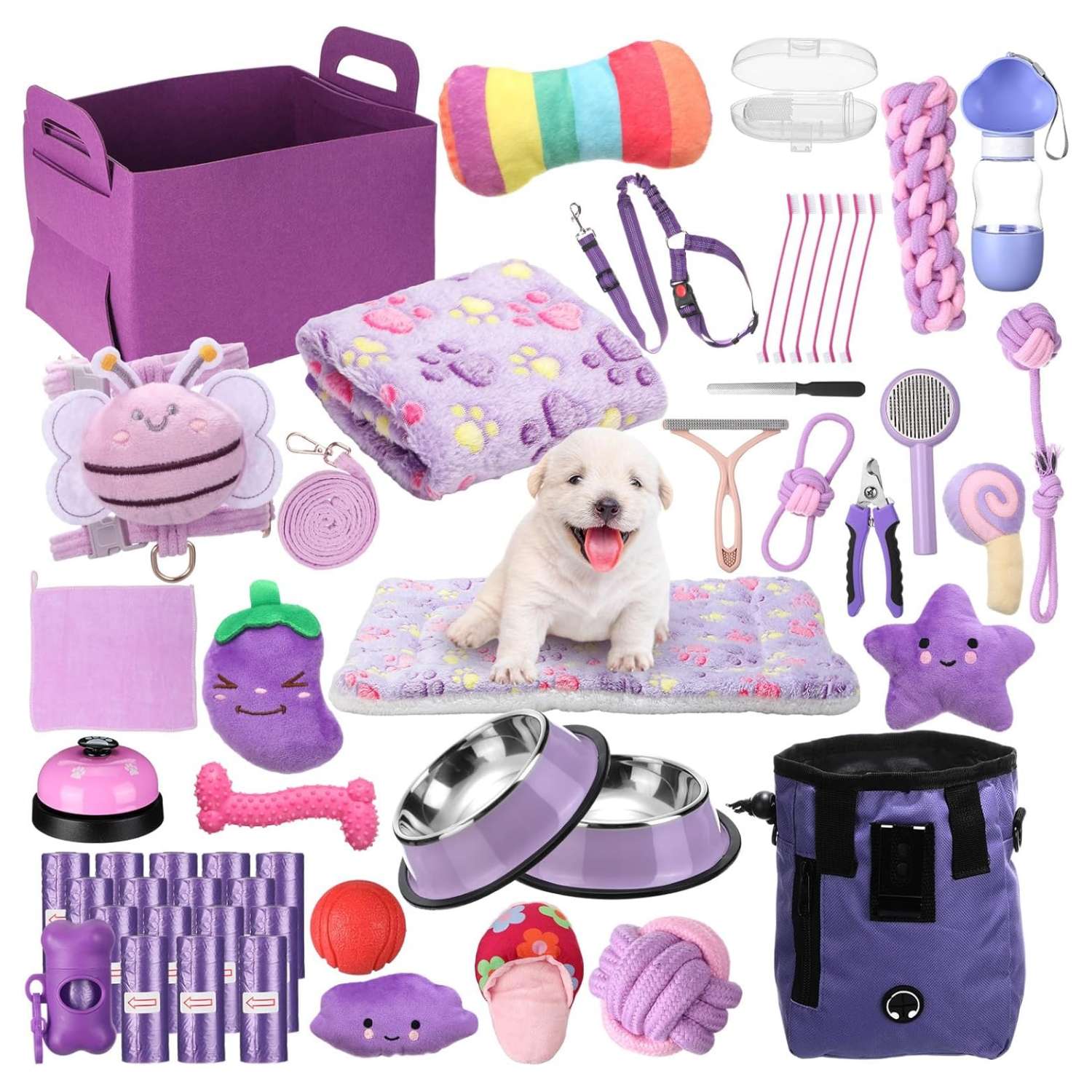 Kit de iniciación de 50 piezas para cachorros. Incluye accesorios esenciales para perros pequeños, listo para usar.