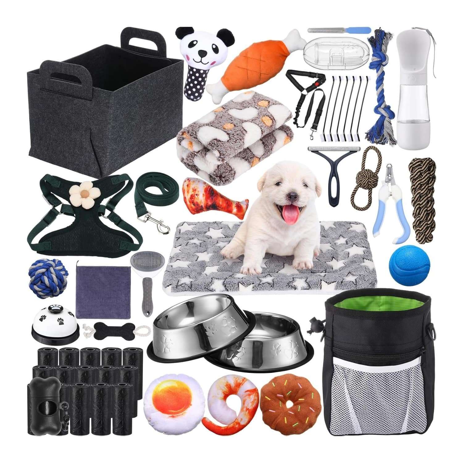 Kit de iniciación de 50 piezas para cachorros. Incluye accesorios esenciales para perros pequeños, listo para usar.