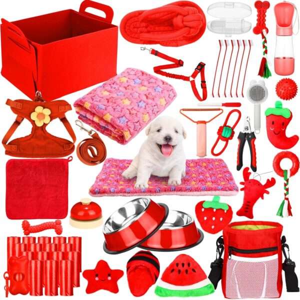 Kit de iniciación de 50 piezas para cachorros. Incluye accesorios esenciales para perros pequeños, listo para usar.