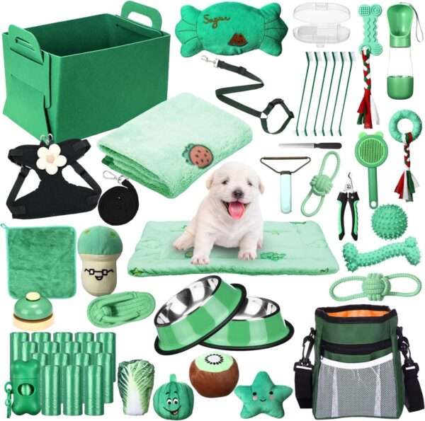 Kit de iniciación de 50 piezas para cachorros. Incluye accesorios esenciales para perros pequeños, listo para usar.