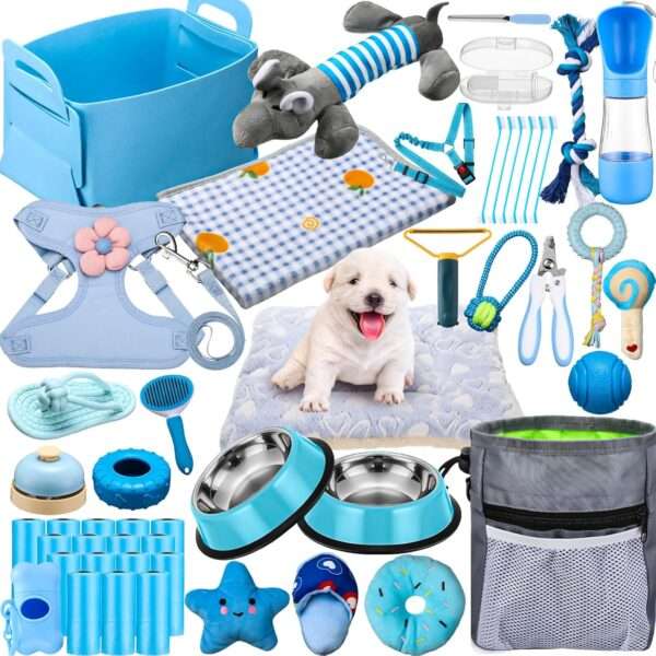 Kit de iniciación de 50 piezas para cachorros. Incluye accesorios esenciales para perros pequeños, listo para usar.