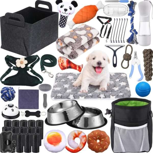 Kit de iniciación de 50 piezas para cachorros. Incluye accesorios esenciales para perros pequeños, listo para usar.