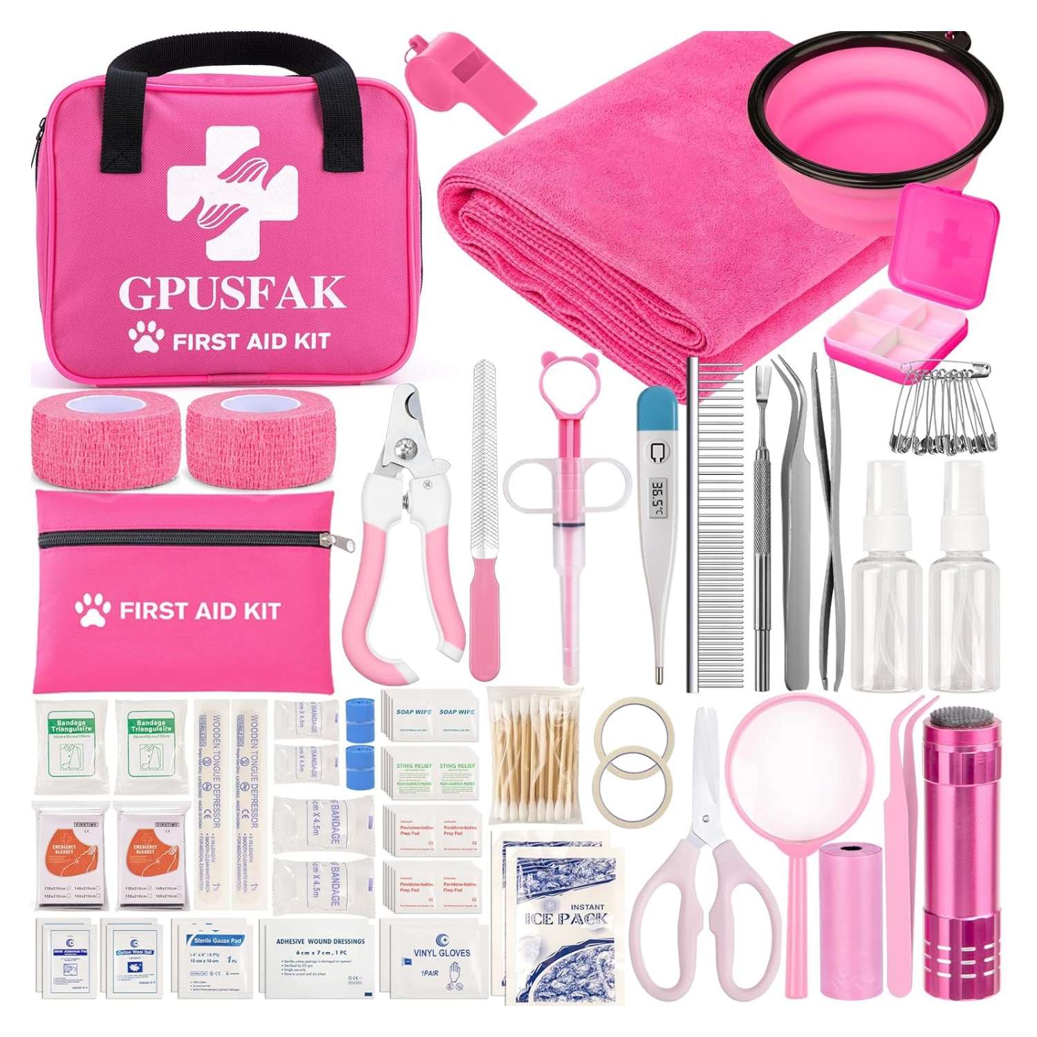 Kit de primeros auxilios de 136 piezas para perros y gatos, ideal para viajes, de color rosa.