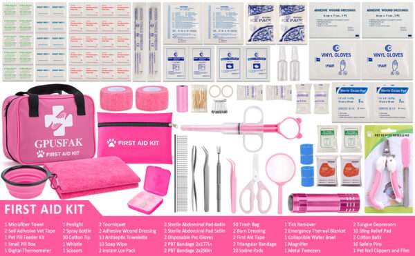 Kit de primeros auxilios de 136 piezas para perros y gatos, ideal para viajes, de color rosa.