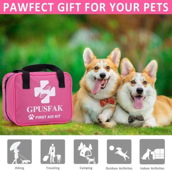 Kit de primeros auxilios de 136 piezas para perros y gatos, ideal para viajes, de color rosa.