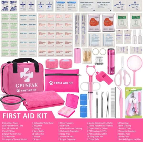 Kit de primeros auxilios de 136 piezas para perros y gatos, ideal para viajes, de color rosa.