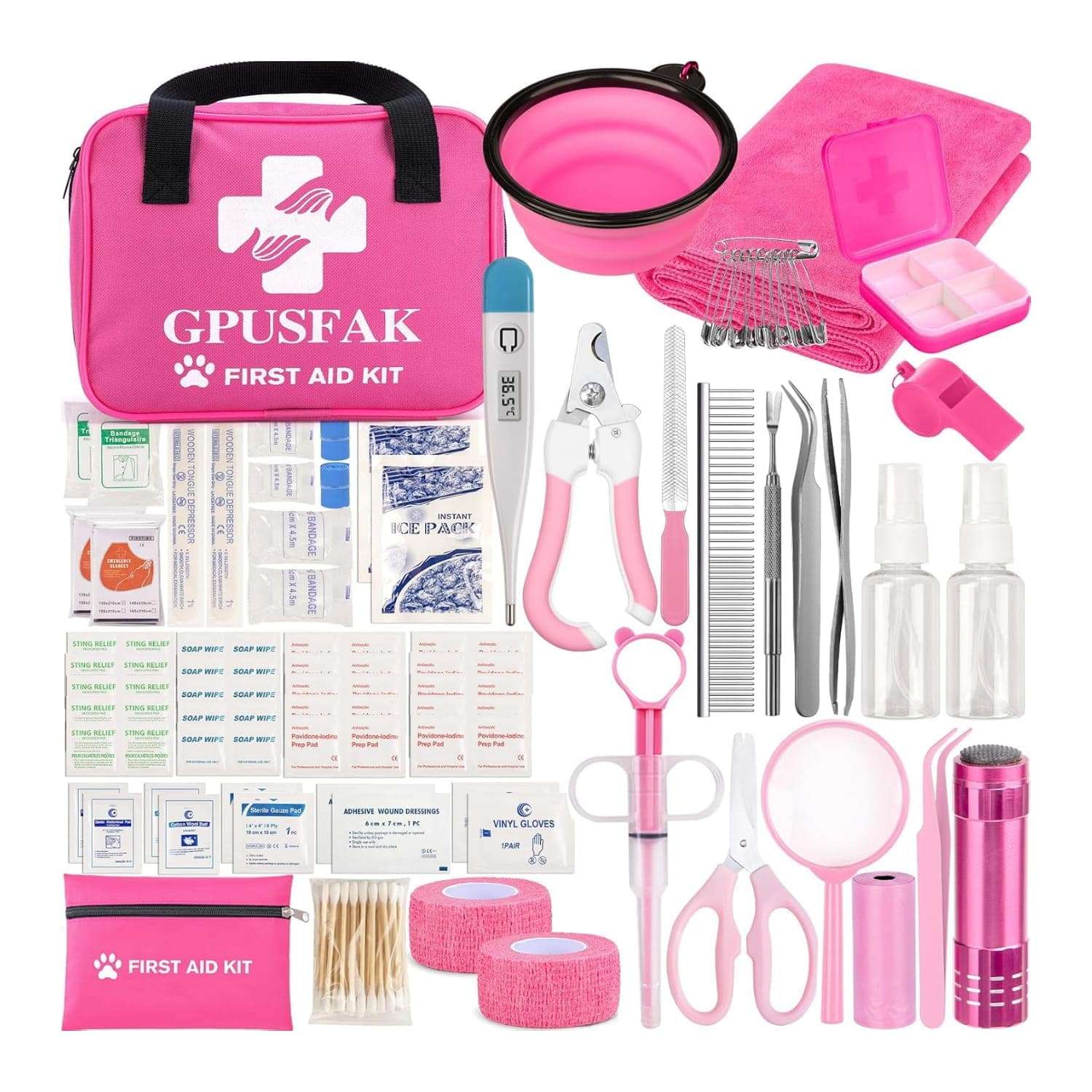 Kit de primeros auxilios de 136 piezas para perros y gatos, ideal para viajes, de color rosa.