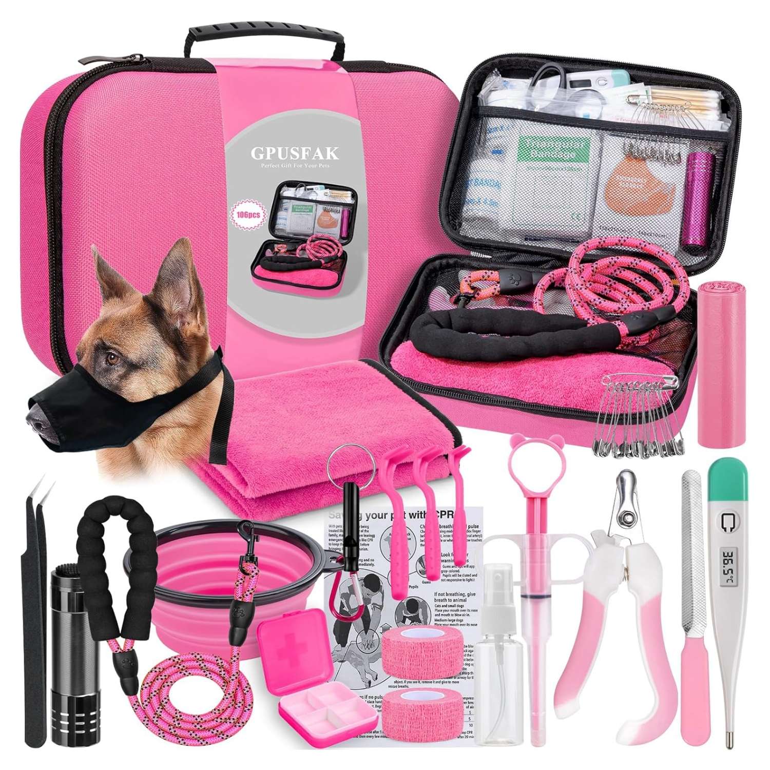 Kit de primeros auxilios de 95 piezas para perros, de color rosa, ideal para viajes y camping.