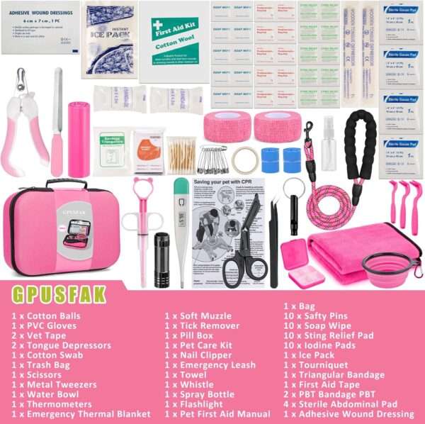 Kit de primeros auxilios de 95 piezas para perros, de color rosa, ideal para viajes y camping.