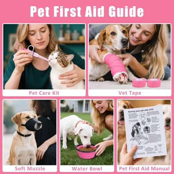 Kit de primeros auxilios de 95 piezas para perros, de color rosa, ideal para viajes y camping.