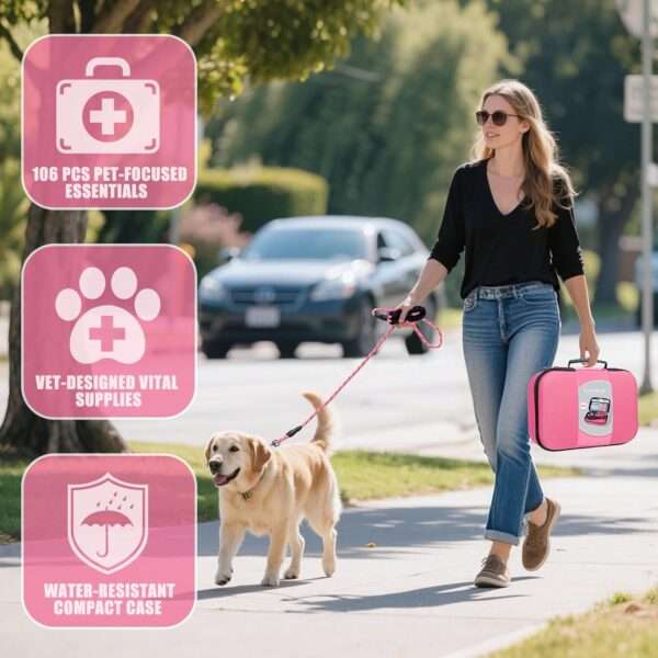 Kit de primeros auxilios de 95 piezas para perros, de color rosa, ideal para viajes y camping.