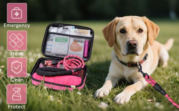 Kit de primeros auxilios de 95 piezas para perros, de color rosa, ideal para viajes y camping.