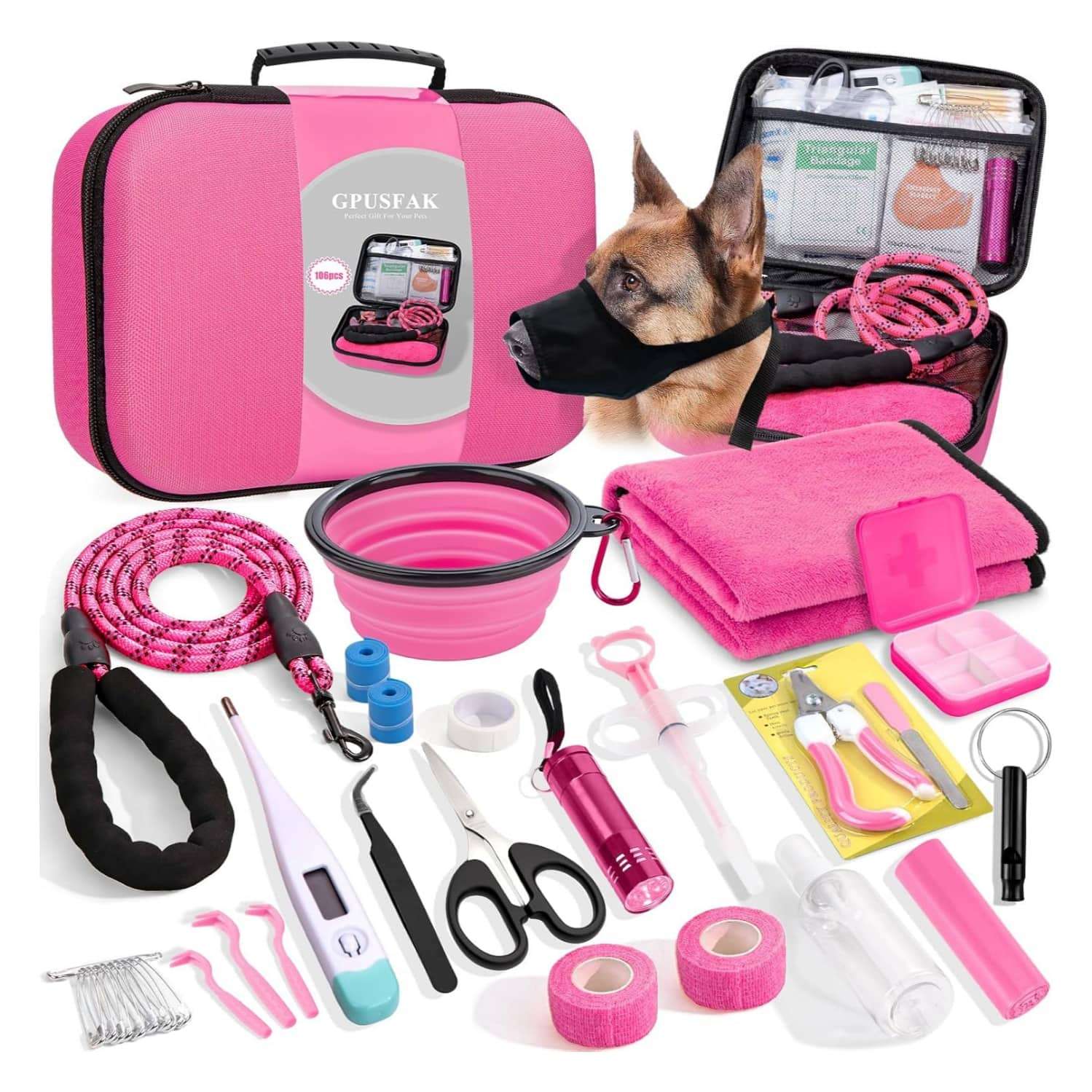 Kit de primeros auxilios de 95 piezas para perros, de color rosa, ideal para viajes y camping.