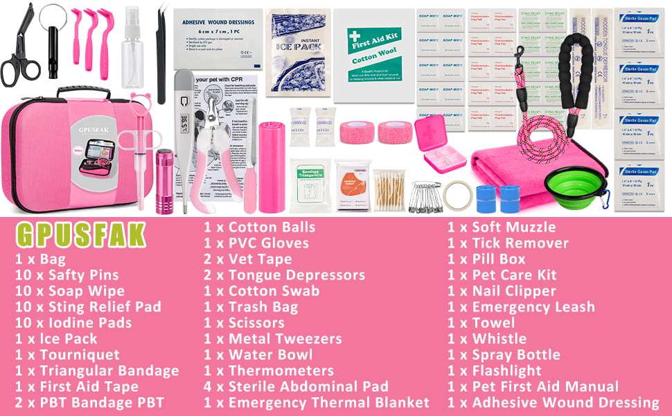 Kit de Primeros Auxilios de 95 Piezas para Perros | Botiquín de Viaje y Camping (Color Rosa) - Imagen 9