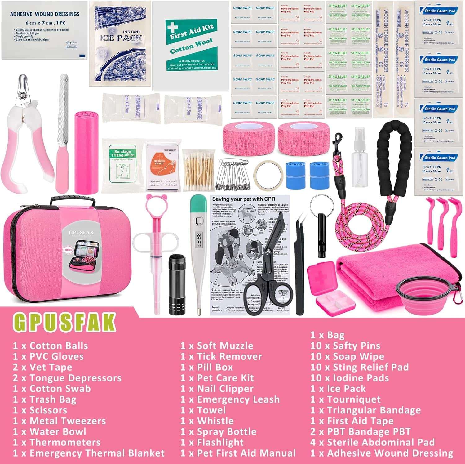 Kit de primeros auxilios de 95 piezas para perros, de color rosa, ideal para viajes y camping.