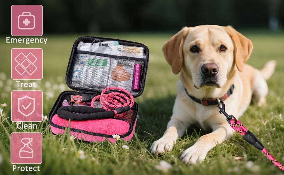 Kit de primeros auxilios de 95 piezas para perros, de color rosa, ideal para viajes y camping.