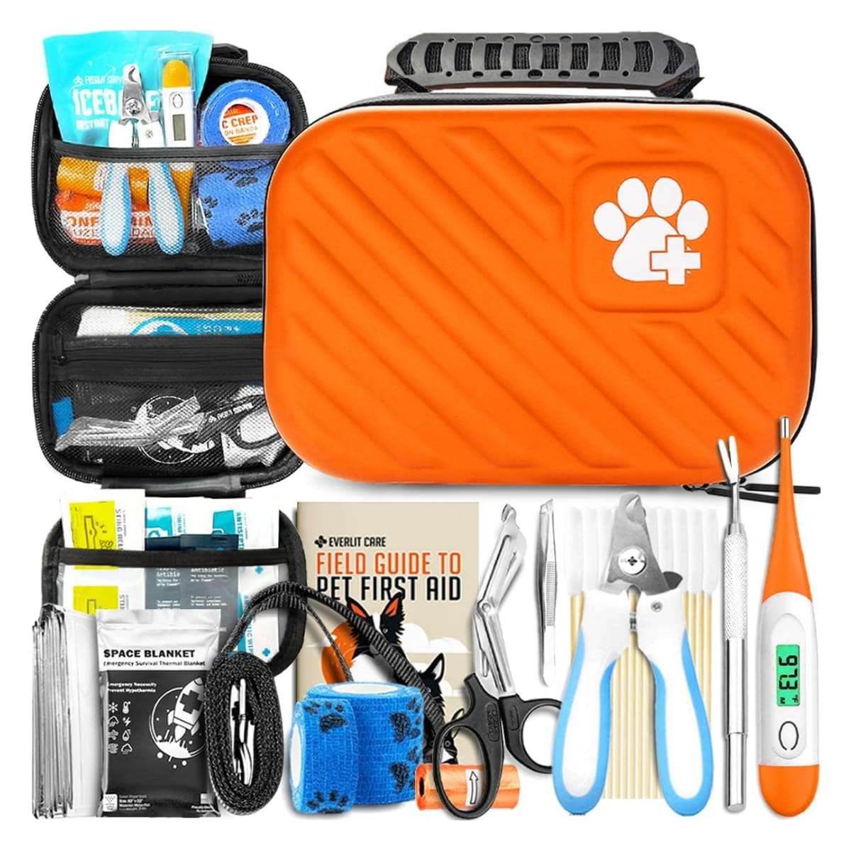 Kit de primeros auxilios para perros y gatos que contiene 95 piezas de suministros veterinarios.