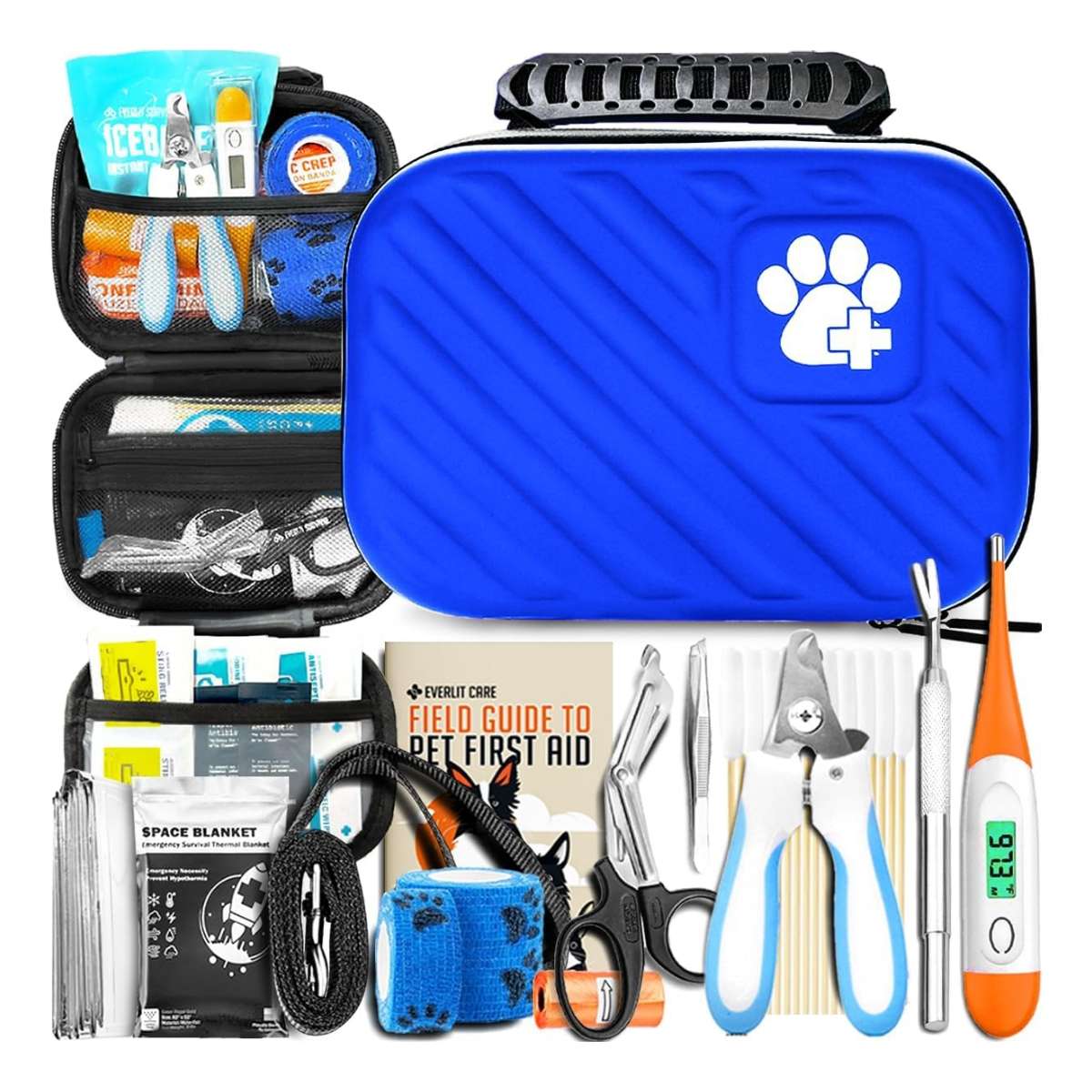 Kit de primeros auxilios para perros y gatos que contiene 95 piezas de suministros veterinarios.