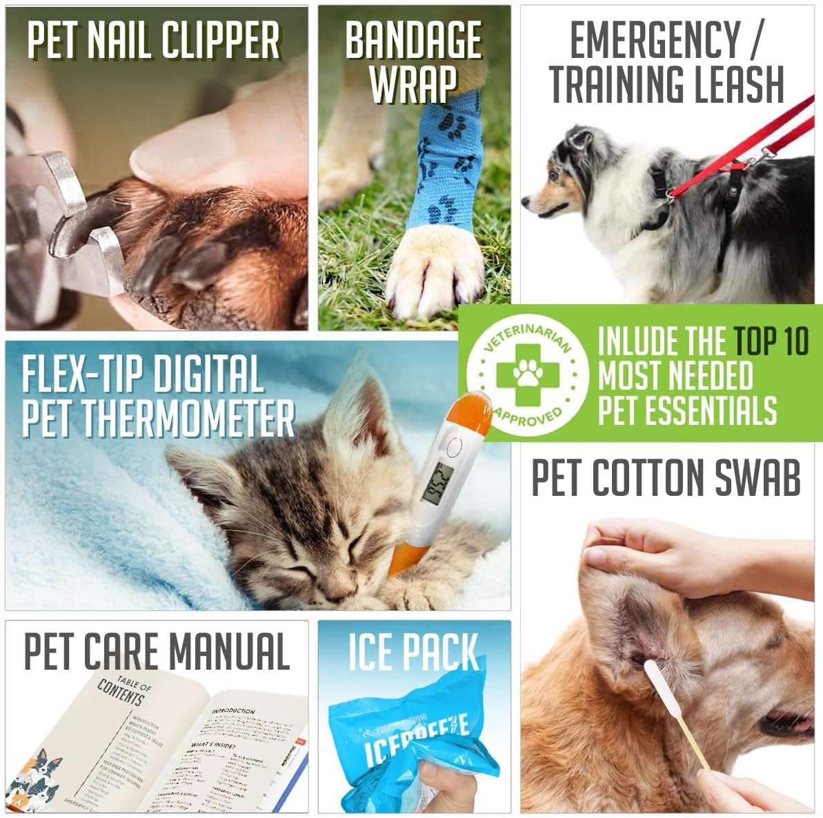 Kit de primeros auxilios para perros y gatos que contiene 95 piezas de suministros veterinarios.