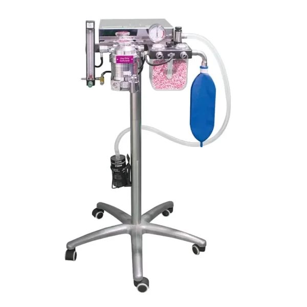 Máquina de anestesia veterinaria portátil, incluye ventilador y plataforma de soporte para monitor.