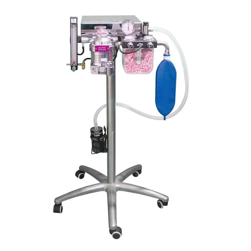 Máquina de anestesia veterinaria portátil, incluye ventilador y plataforma de soporte para monitor.