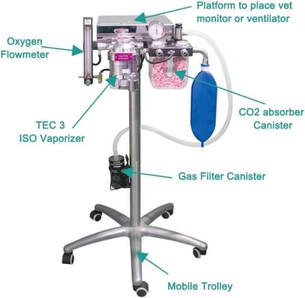 Máquina de anestesia veterinaria portátil, incluye ventilador y plataforma de soporte para monitor.