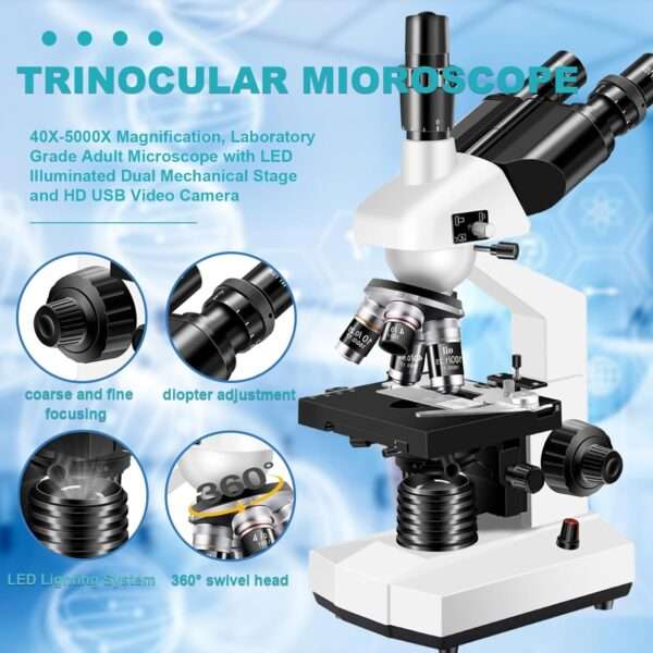 Microscopio trinocular de laboratorio y veterinario, con cámara USB HD y aumento 5000X.
