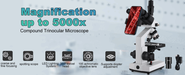 Microscopio trinocular de laboratorio y veterinario, con cámara USB HD y aumento 5000X.