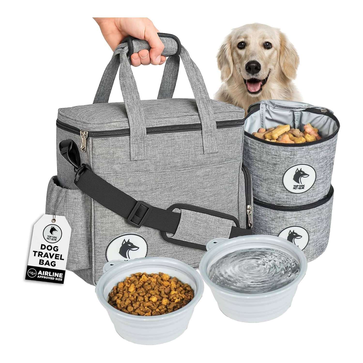 Mochila de viaje para perros y gatos aprobada por aerolíneas, con cuencos plegables y contenedor de alimentos.