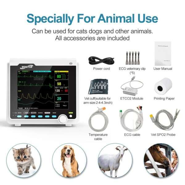 Monitor de paciente veterinario multiparamétrico para clínicas y uso casero. Mide ETCO2, presión arterial, SpO2 y otros parámetros en perros y gatos.