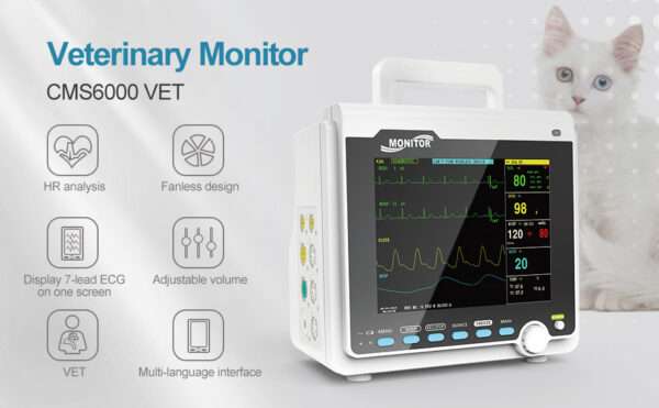 Monitor de paciente veterinario multiparamétrico para clínicas y uso casero. Mide ETCO2, presión arterial, SpO2 y otros parámetros en perros y gatos.