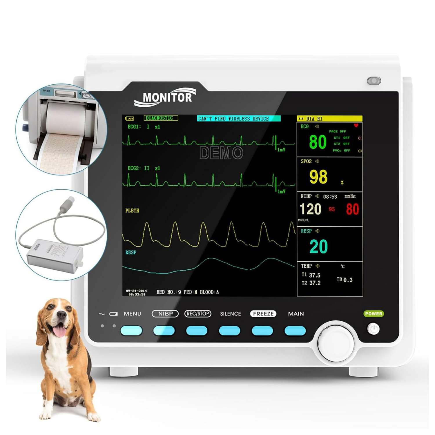 Monitor de paciente veterinario multiparamétrico para clínicas y uso casero. Mide ETCO2, presión arterial, SpO2 y otros parámetros en perros y gatos.