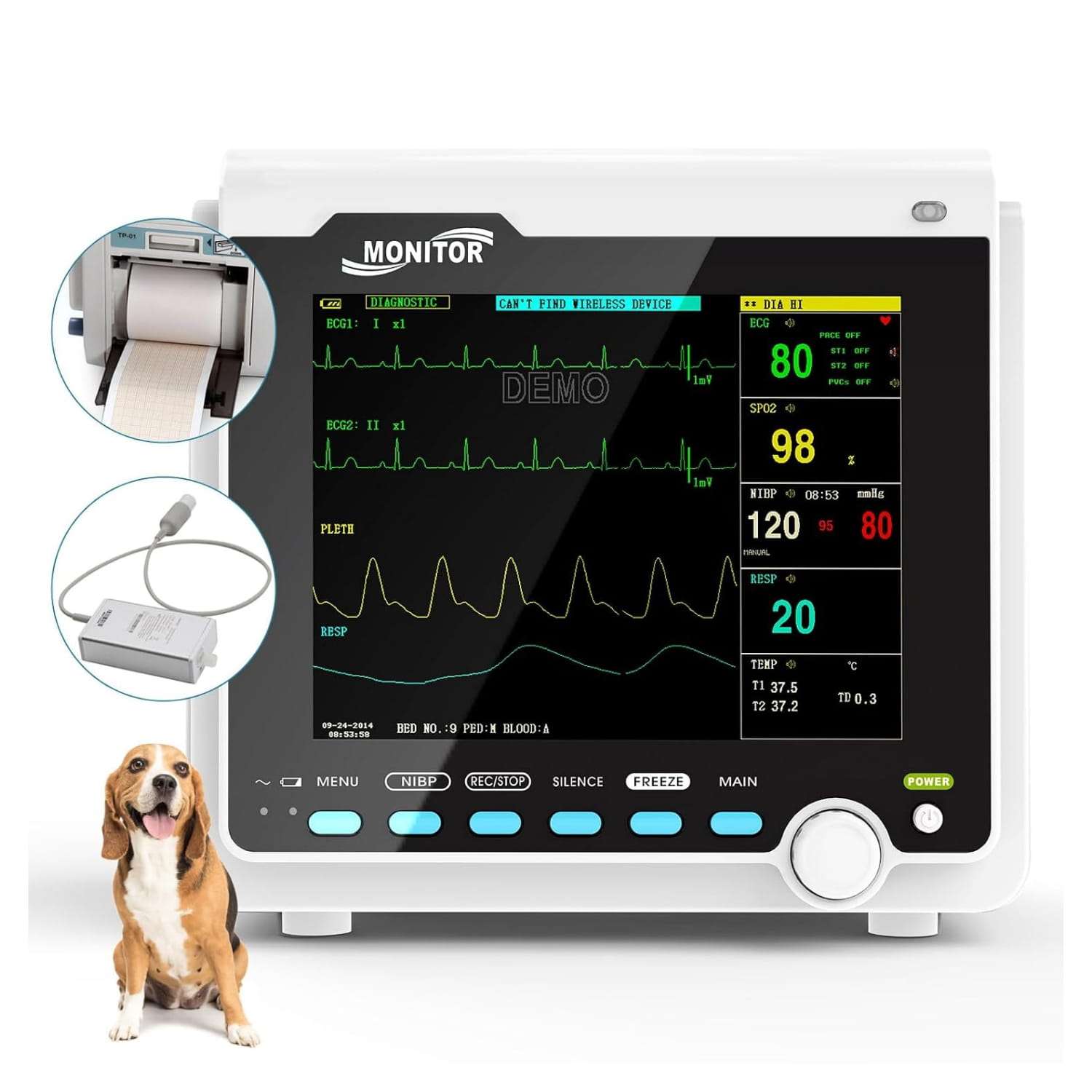 Monitor de paciente veterinario multiparamétrico para clínicas y uso casero. Mide ETCO2, presión arterial, SpO2 y otros parámetros en perros y gatos.