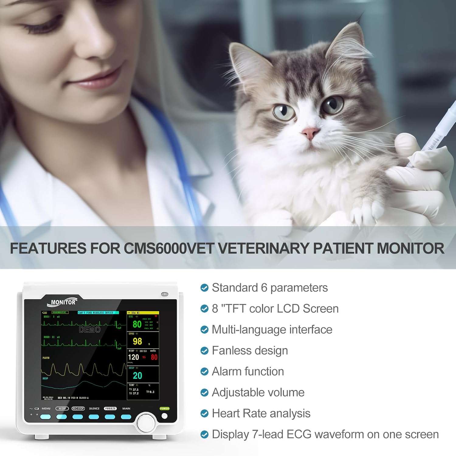 Monitor de paciente veterinario multiparamétrico para clínicas y uso casero. Mide ETCO2, presión arterial, SpO2 y otros parámetros en perros y gatos.