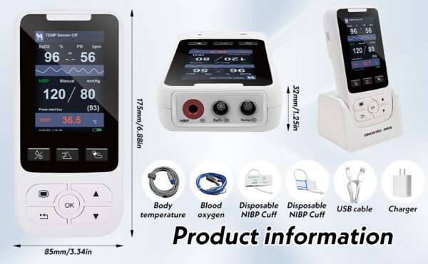 Monitor veterinario multiparámetro para perros y gatos, con SpO2, NIBP y TEMP.
