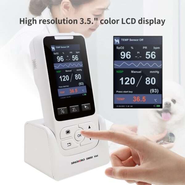Monitor veterinario multiparámetro para perros y gatos, con SpO2, NIBP y TEMP.