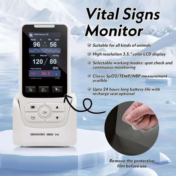 Monitor veterinario multiparámetro para perros y gatos, con SpO2, NIBP y TEMP.