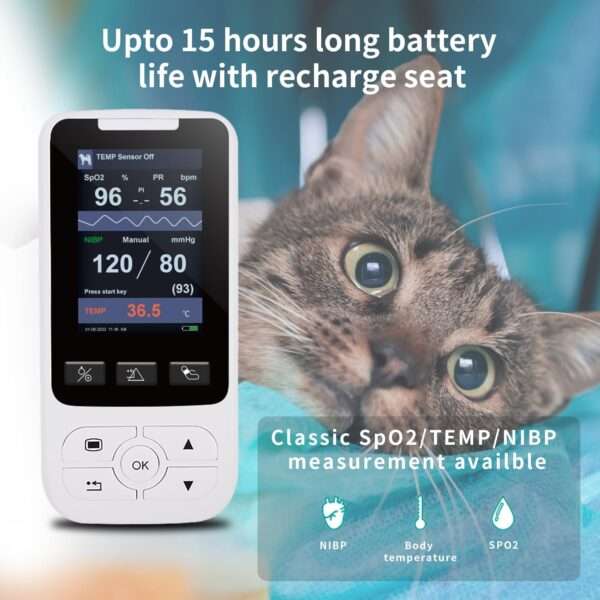 Monitor veterinario multiparámetro para perros y gatos, con SpO2, NIBP y TEMP.