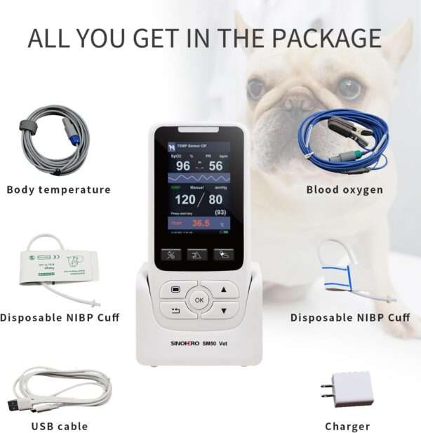 Monitor veterinario multiparámetro para perros y gatos, con SpO2, NIBP y TEMP.