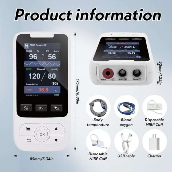 Monitor veterinario multiparámetro para perros y gatos, con SpO2, NIBP y TEMP.