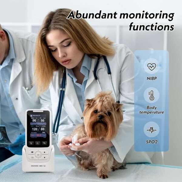 Monitor veterinario multiparámetro para perros y gatos, con SpO2, NIBP y TEMP.