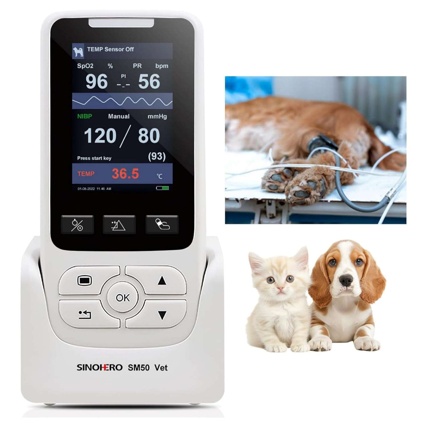 Monitor veterinario multiparámetro para perros y gatos, con SpO2, NIBP y TEMP.