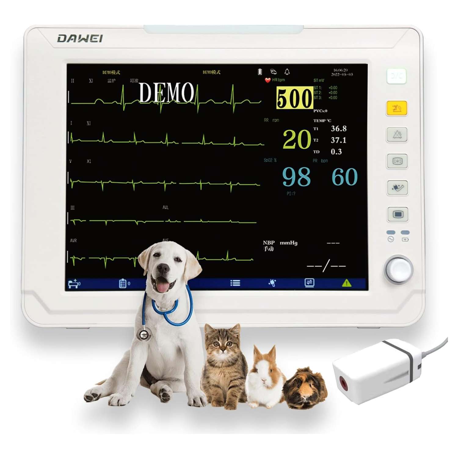 Monitor de paciente veterinario UCI con ETCO2 y pantalla de 12.1 pulgadas.