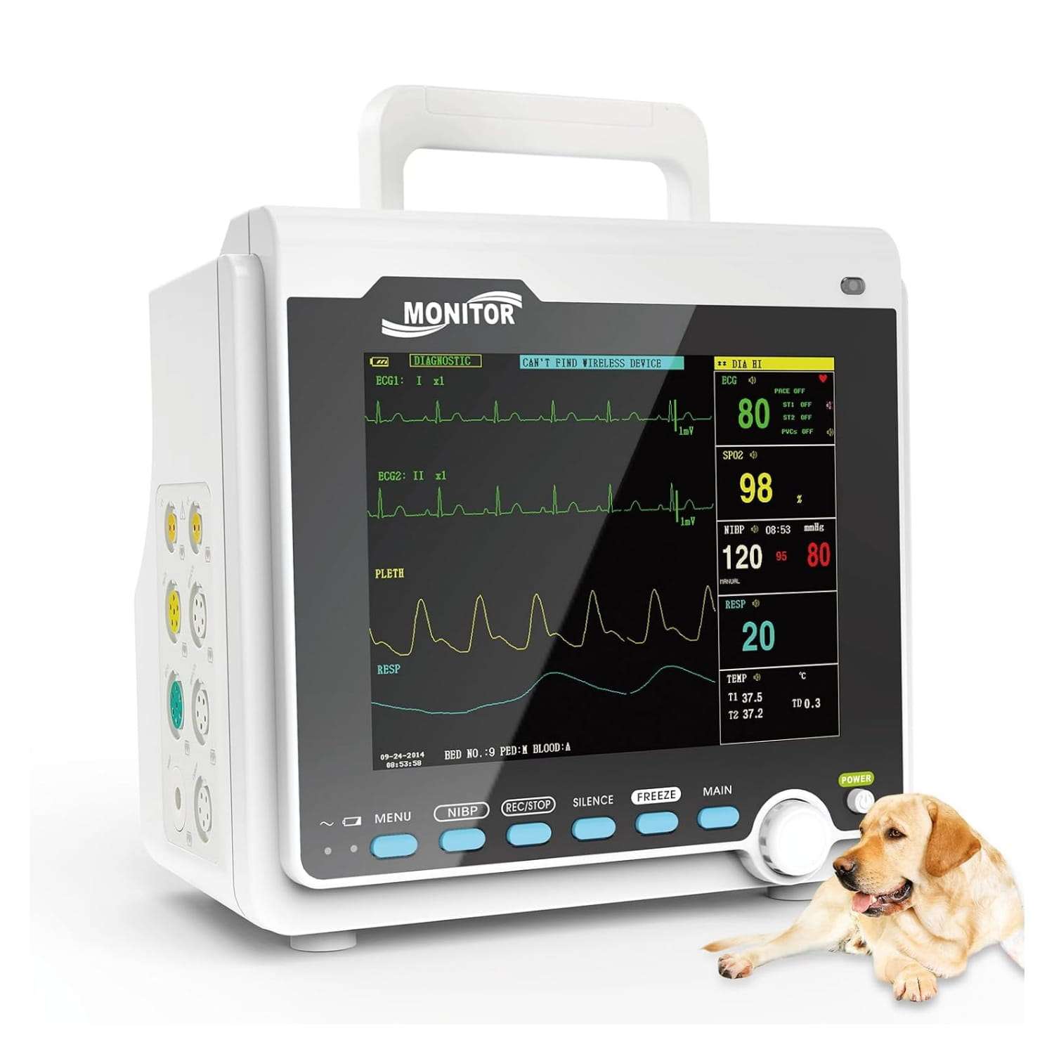 Monitor de paciente veterinario CMS6000VET de 6 parámetros, incluye impresora integrada.