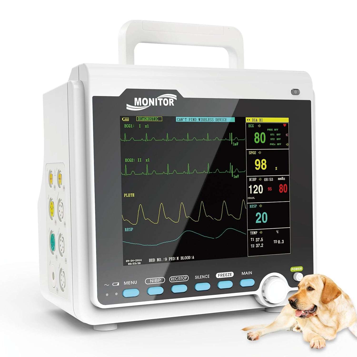 Monitor de paciente veterinario CMS6000VET de 6 parámetros, incluye impresora integrada.