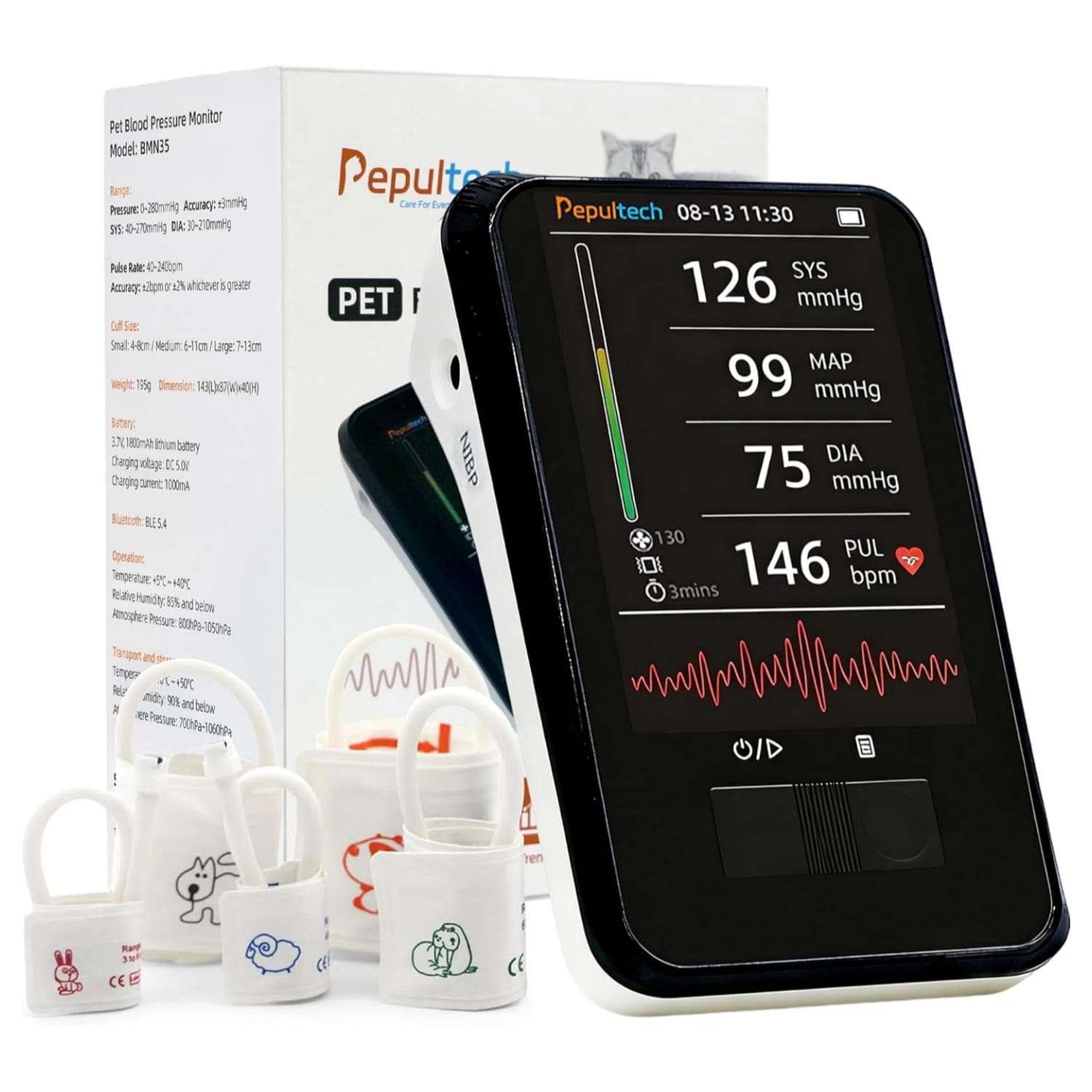 Monitor digital de presion arterial veterinario con pantalla LED y brazalete para mascotas.