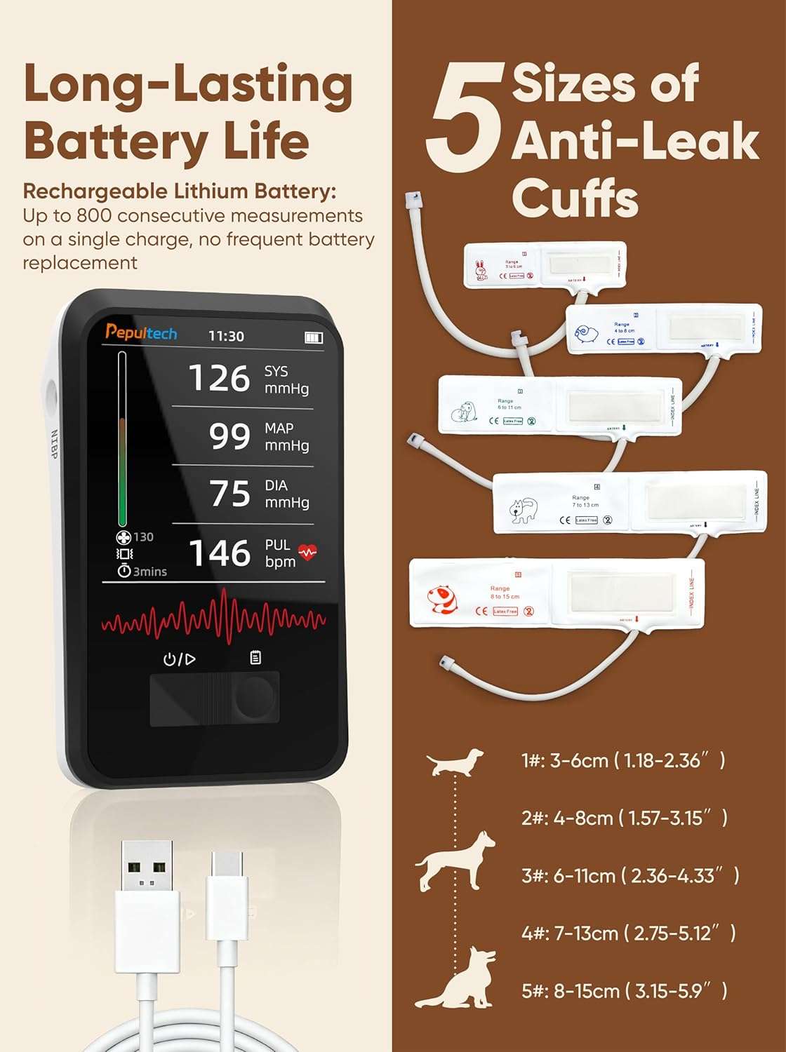 Monitor digital de presion arterial veterinario con pantalla LED y brazalete para mascotas.