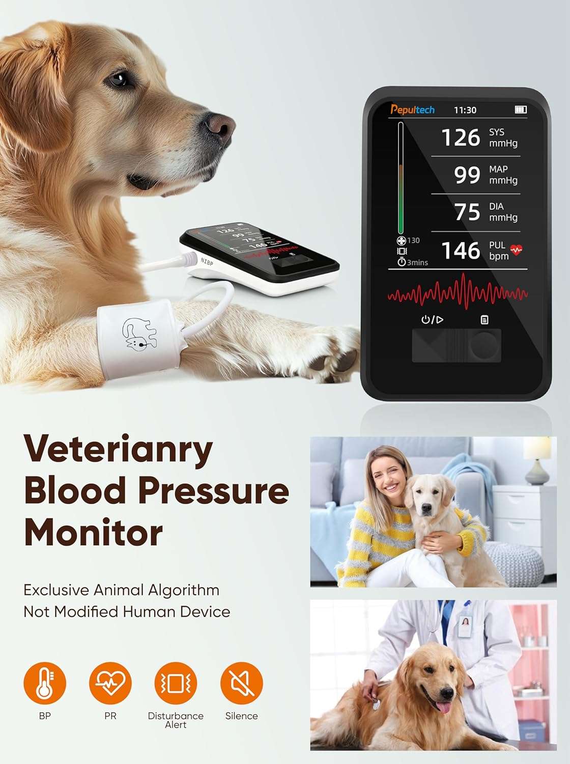 Monitor digital de presion arterial veterinario con pantalla LED y brazalete para mascotas.