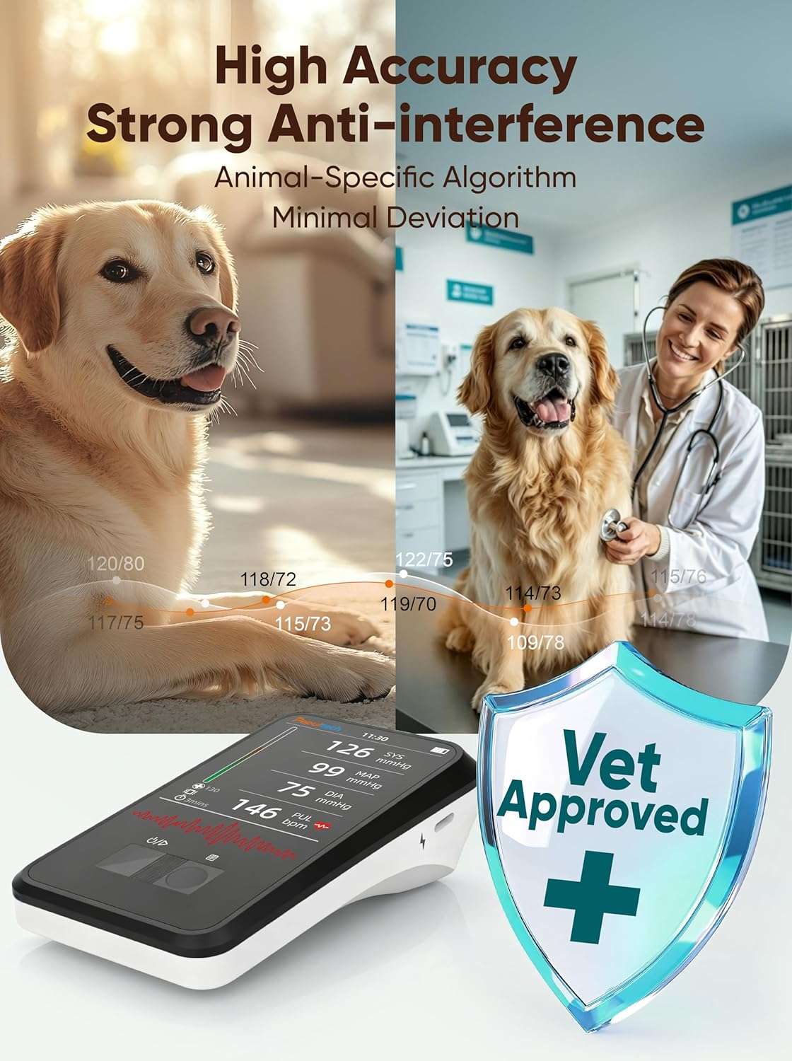 Monitor digital de presion arterial veterinario con pantalla LED y brazalete para mascotas.
