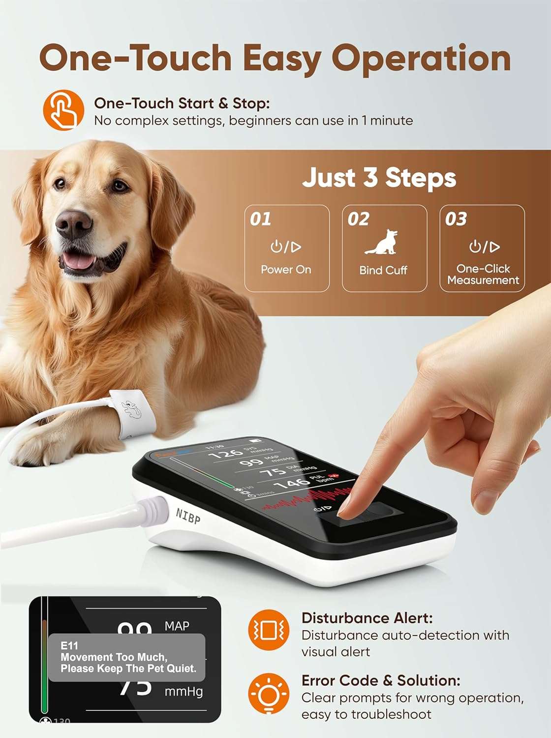 Monitor digital de presion arterial veterinario con pantalla LED y brazalete para mascotas.